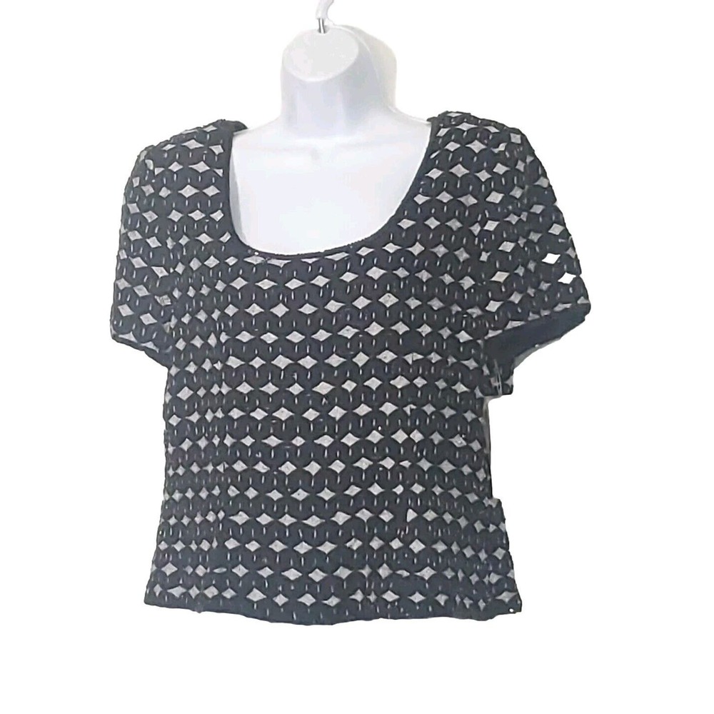 Papell Boutique Evening XL Silk Short Sleeve Square Neck Formal Black Silver Top